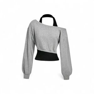 Stylish Gray Off-Shoulder Sweatshirt with Black Trim